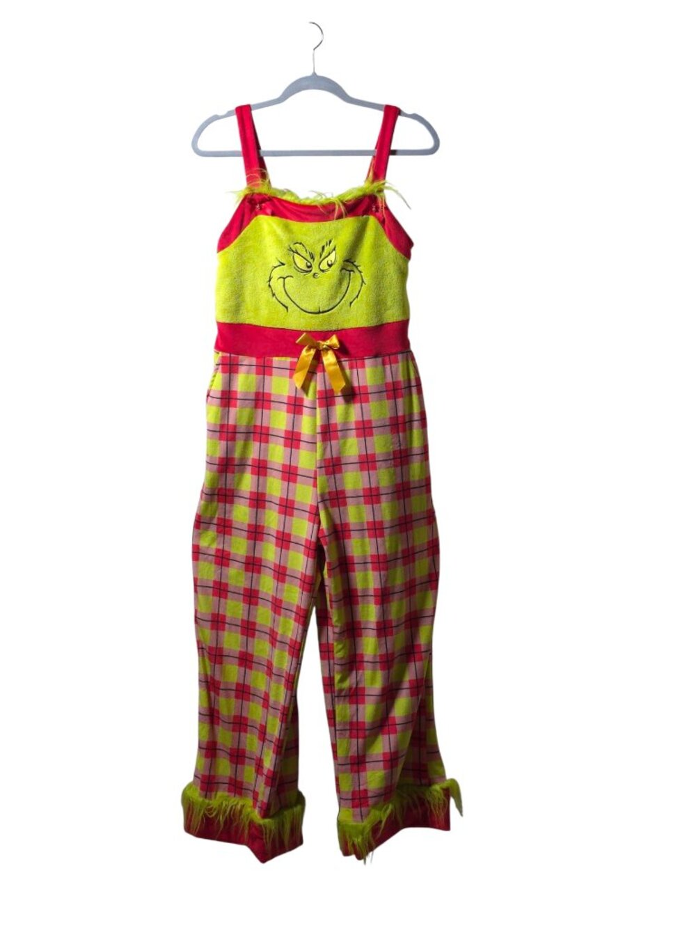 The Grinch Small Christmas Pajama Overalls Plaid Fuzzy Trim Dr Seuss Jumpsuit